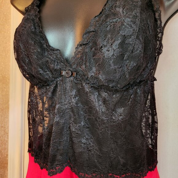 Felina Lingerie Black Lace & Red Satin Chemise Nightgown With Adjustable Straps - Picture 2 of 4